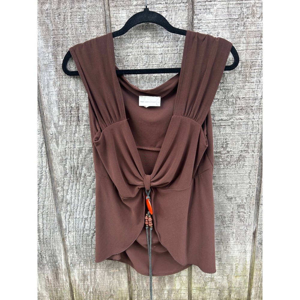 Brown Boho Tassel Tie Front Womens Top XL Sleeveless Y2K USA Festival Western